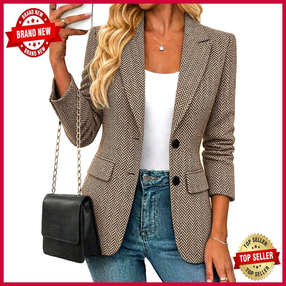 Wool Blend Herringbone Tweed Blazer Notched Lapel Slim Fit Work Office Jacket